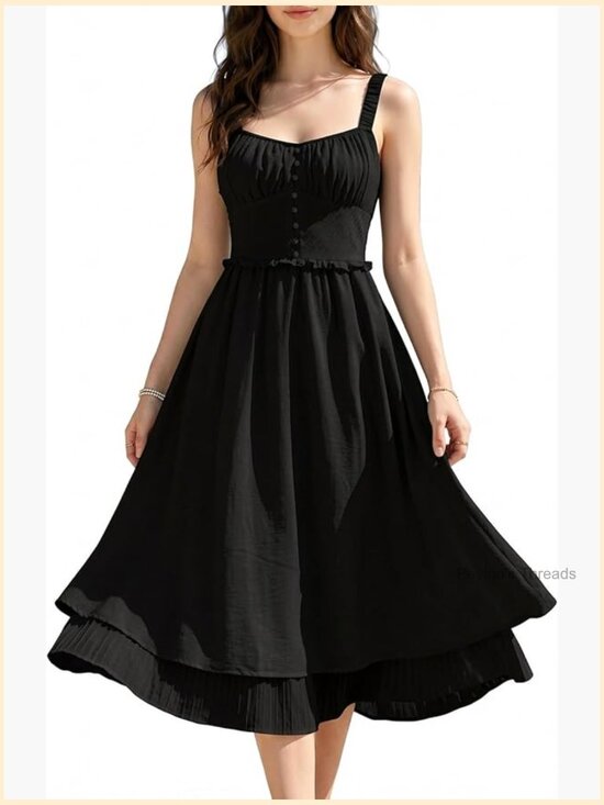 Dresses & Skirts - Spaghetti Strap Flowy A-Line Midi Corset Dress with Ruffle Hem